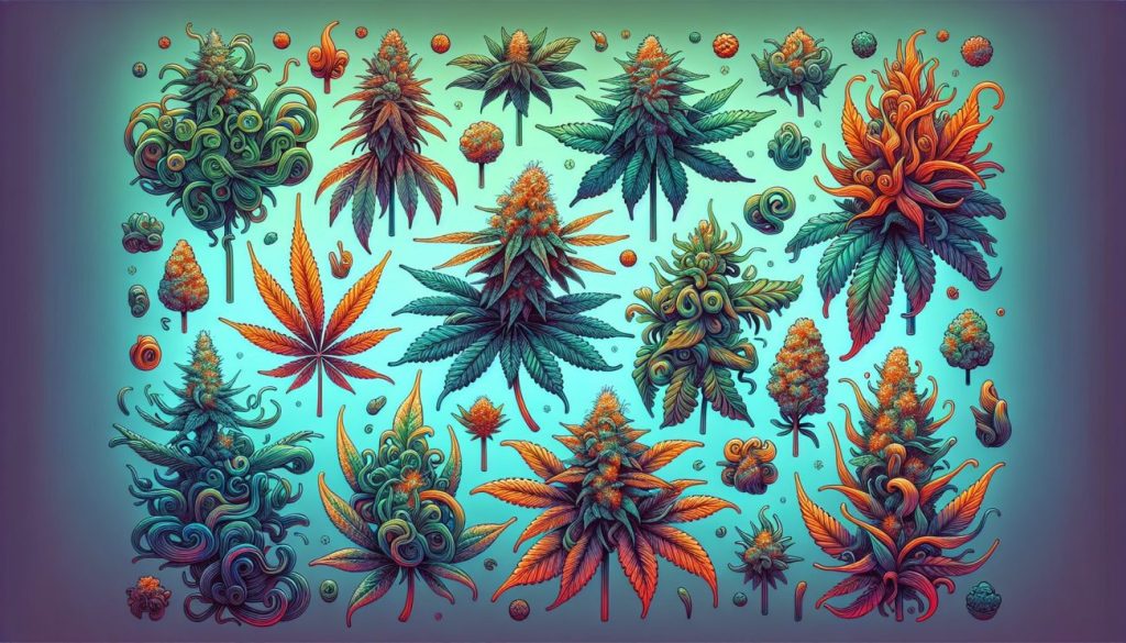 Illustration of various cannabis plant with psychoactive effects